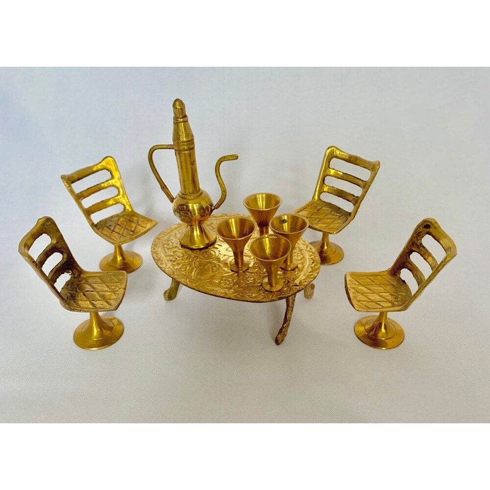 Vtg brass Dollhouse or Fairy Garden Furniture Table, ,Chairs, coffee/tea set 70s
